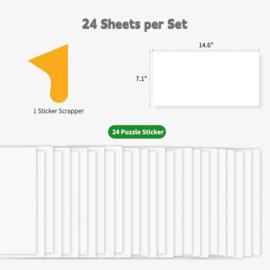 Twenty-four adhesive puzzle saver sheets in a pack