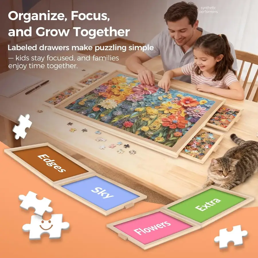 People sorting puzzle pieces using the board drawers