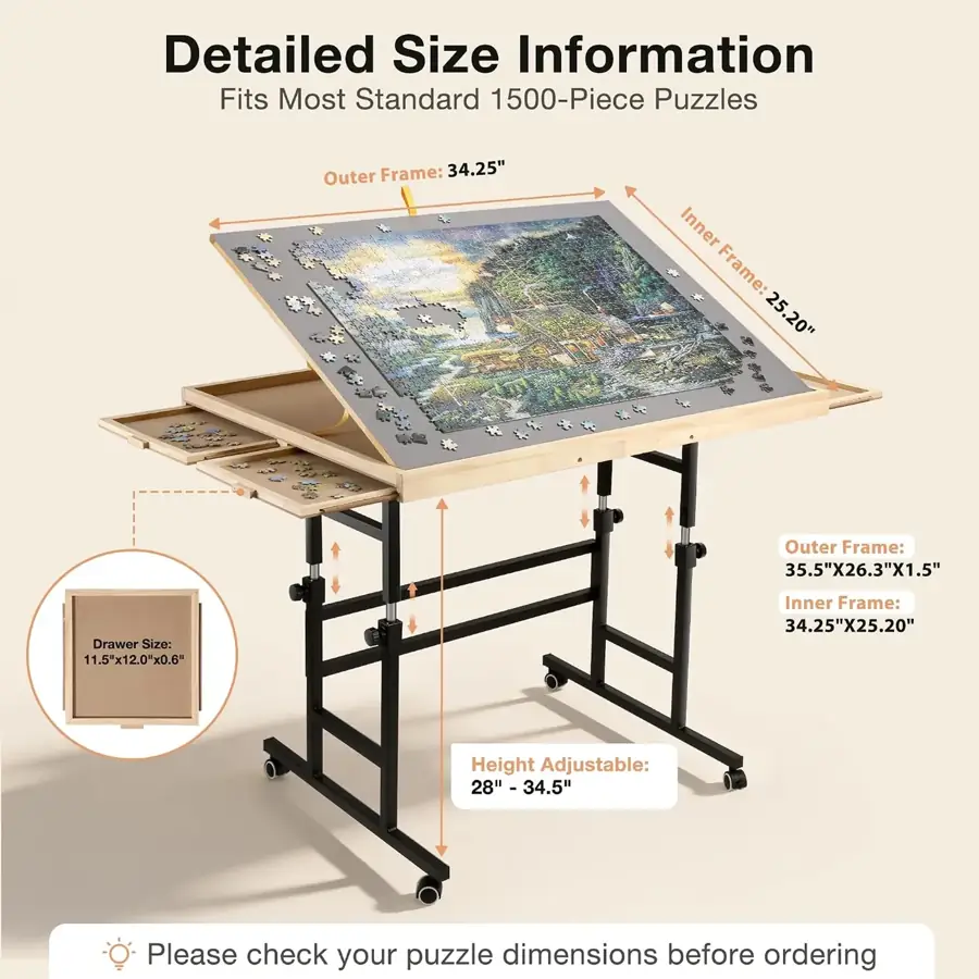 Puzzle table dimension and adjustment diagram